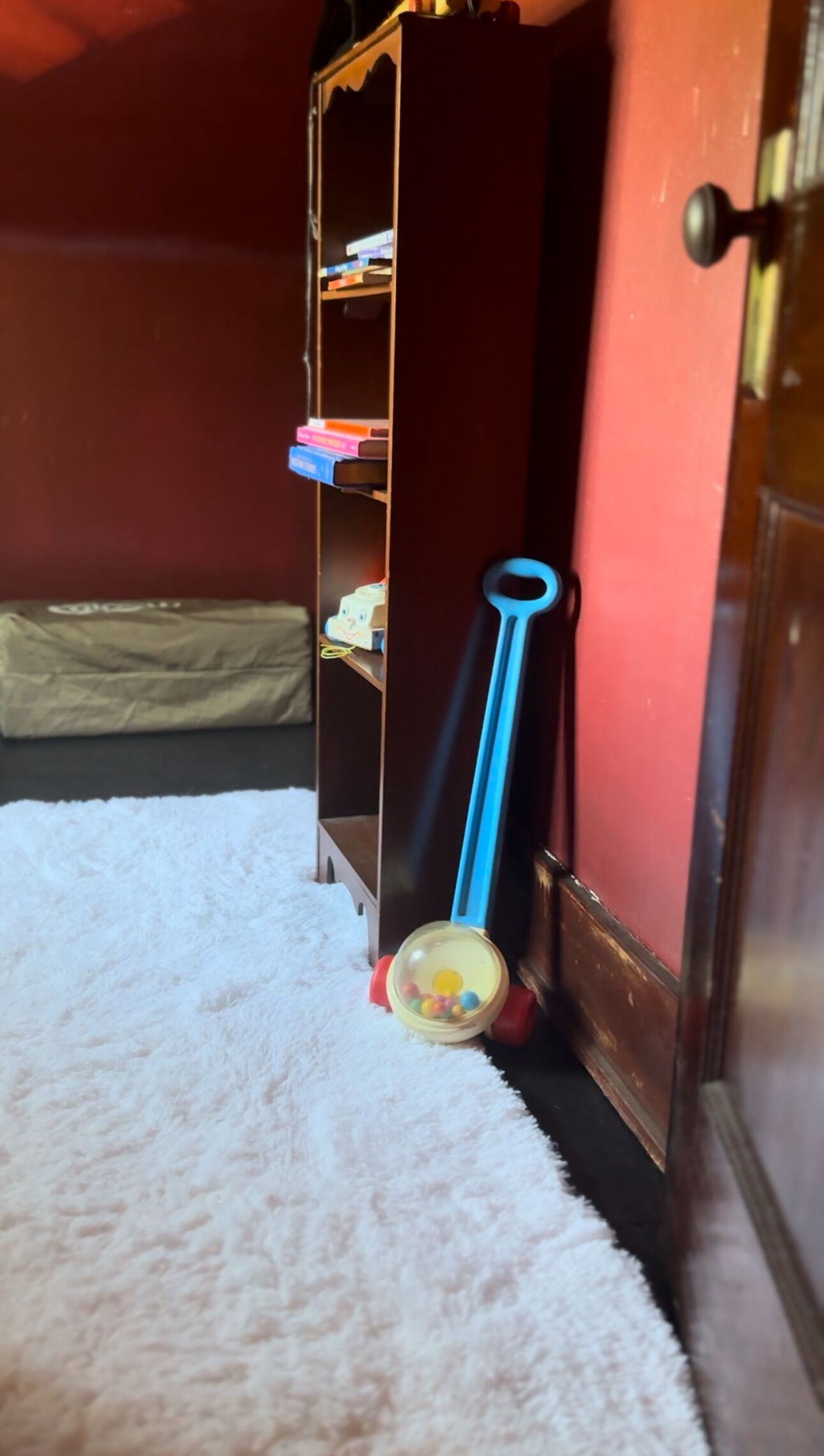 Ein Zimmer mit einem weißen, flauschigen Teppich, einem Holzregal mit Büchern, einem blauen Spielzeug und einer roten Tür.