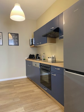 A modern kitchen with grey cabinets, a stainless steel refrigerator, a built-in oven, and a hanging pendant light. - Ferienwohnungen Bautzen (Bautzen)