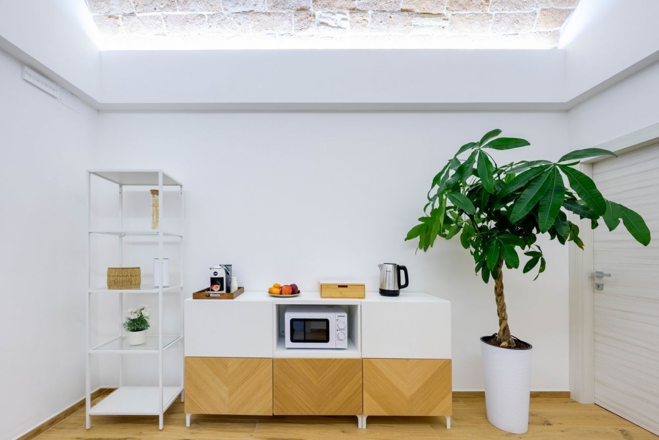 Uma cozinha moderna com micro-ondas, cafeteira e um vaso de planta.