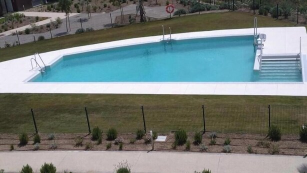 En rektangulär swimmingpool med en vit poolkant, omgiven av ett staket och en gräsyta.
