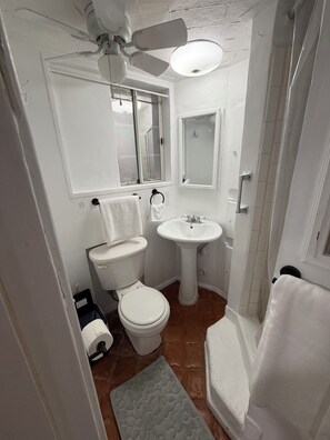 Douche, sèche-cheveux, serviettes fournies, savon
