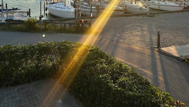 Uma marina com vários veleiros atracados, céu claro e um pôr do sol.