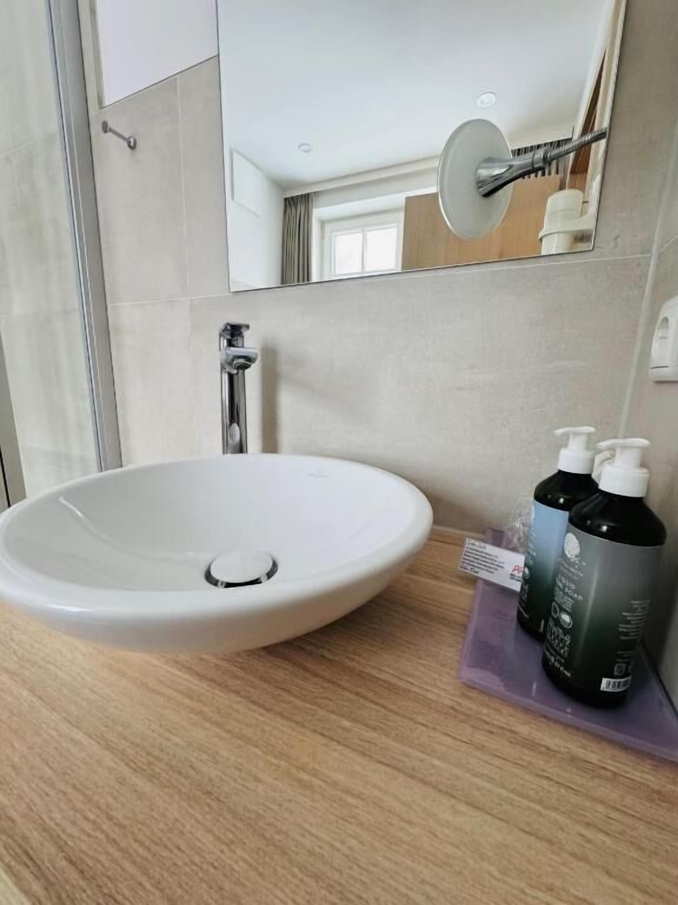 A bathroom with a white sink, a mirror, and two bottles of shampoo on a wooden countertop.