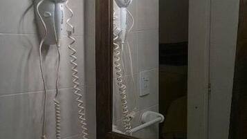 Hair dryer, towels, soap, shampoo