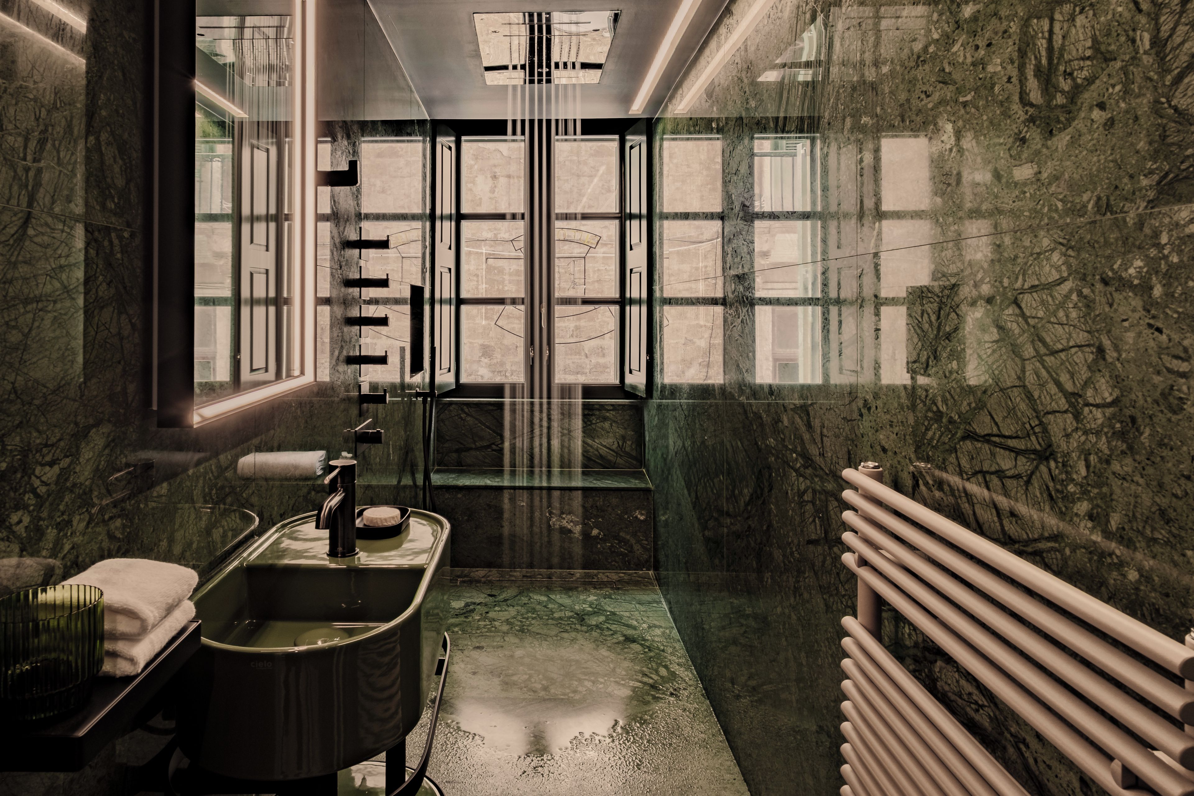 A bathroom with a bathtub, a sink, and a mirror.