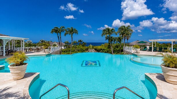 Una piscina azul cristalina con vistas a una palmera, un puesto de socorrista y un área de descanso con sillas y sombrillas.