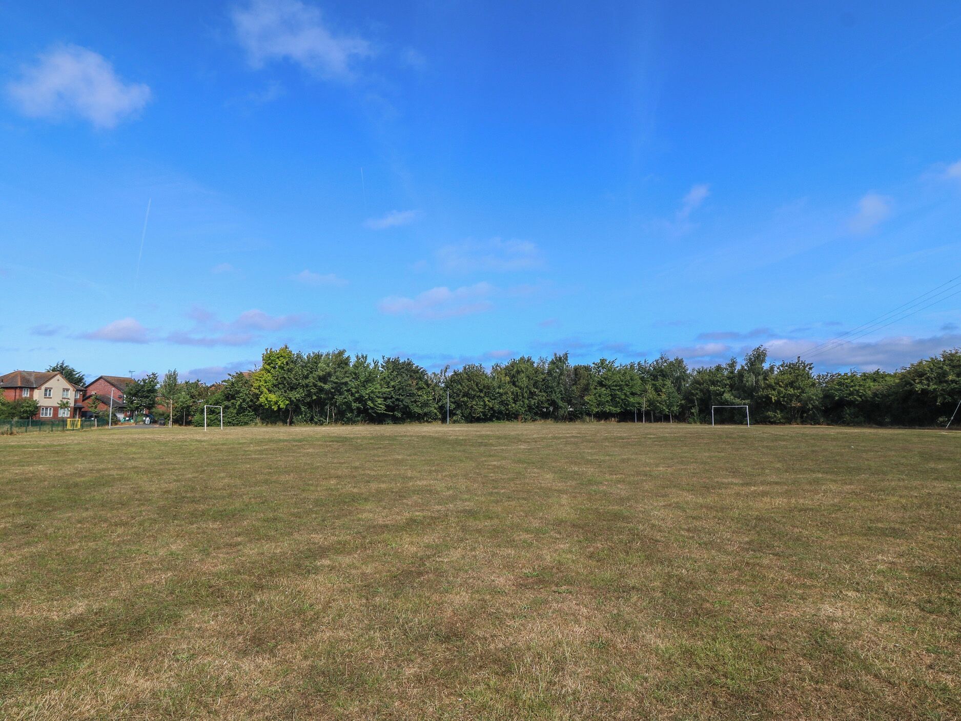A grassy field with a soccer goal and trees in the background.