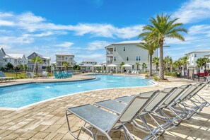 A swimming pool with lounge chairs, palm trees, and a clear blue sky. - Pet Friendly 30A Resort Retreat Near Beach, Pool, The Big Chill, with LSV (Inlet Beach)