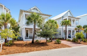 A row of two-story houses with a porch, a bicycle, and a 'For Rent' sign. - Pet Friendly 30A Resort Retreat Near Beach, Pool, The Big Chill, with LSV (Inlet Beach)