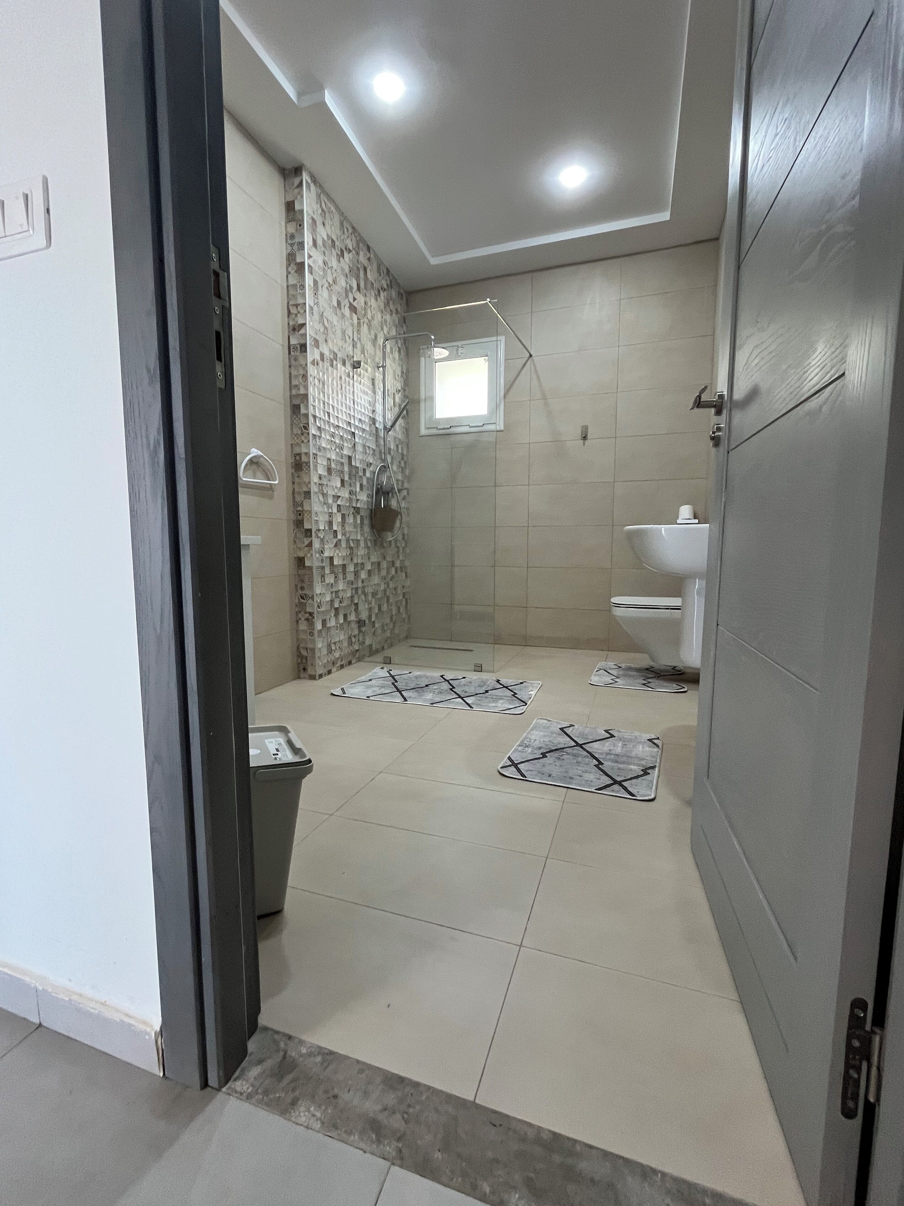 Shower, bidet, towels, soap
