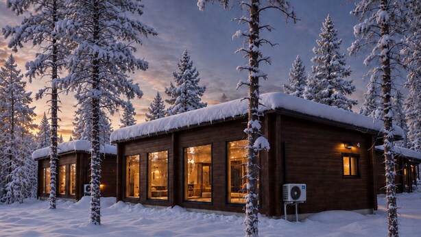 Een houten hut met grote ramen, omgeven door met sneeuw bedekte bomen, gelegen in een besneeerd landschap.
