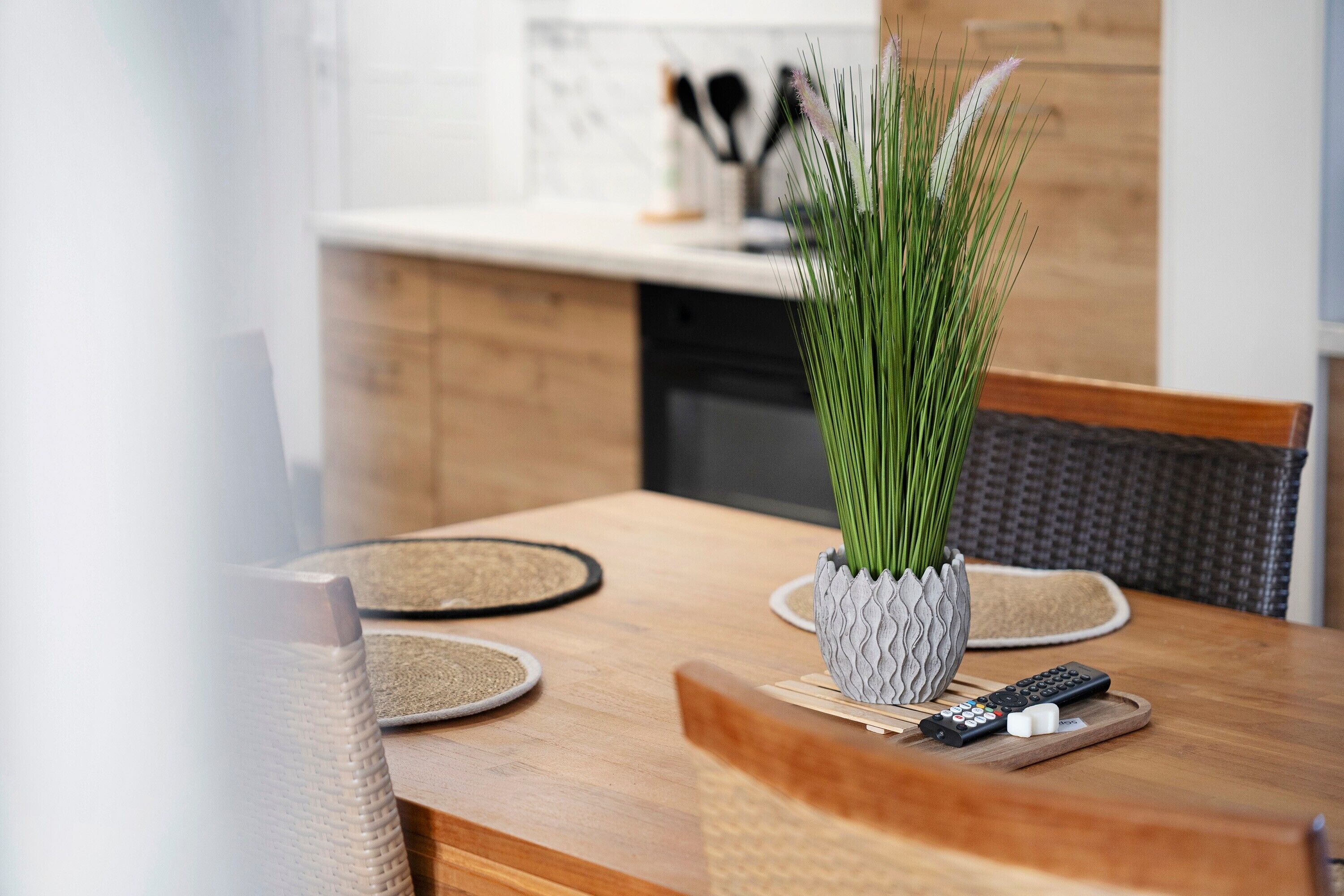 Una mesa de comedor con un control remoto, un posavasos tejido y una planta decorativa en una maceta texturizada.
