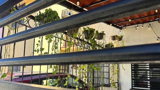 Een balkon met hangplanten en een auto eronder geparkeerd.