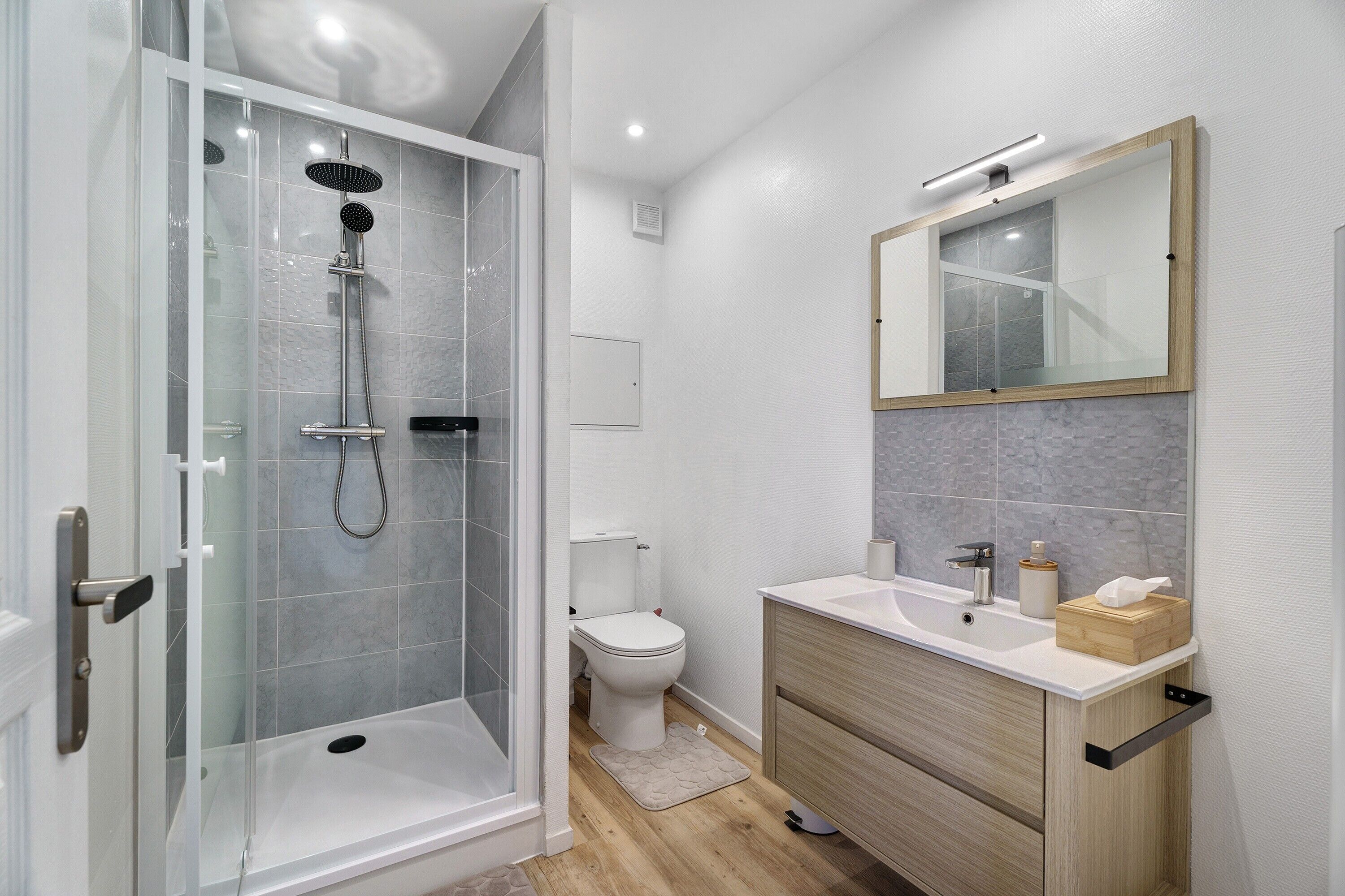 Shower, hair dryer, towels