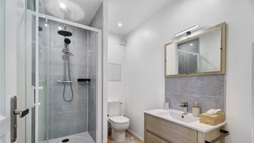 Shower, hair dryer, towels