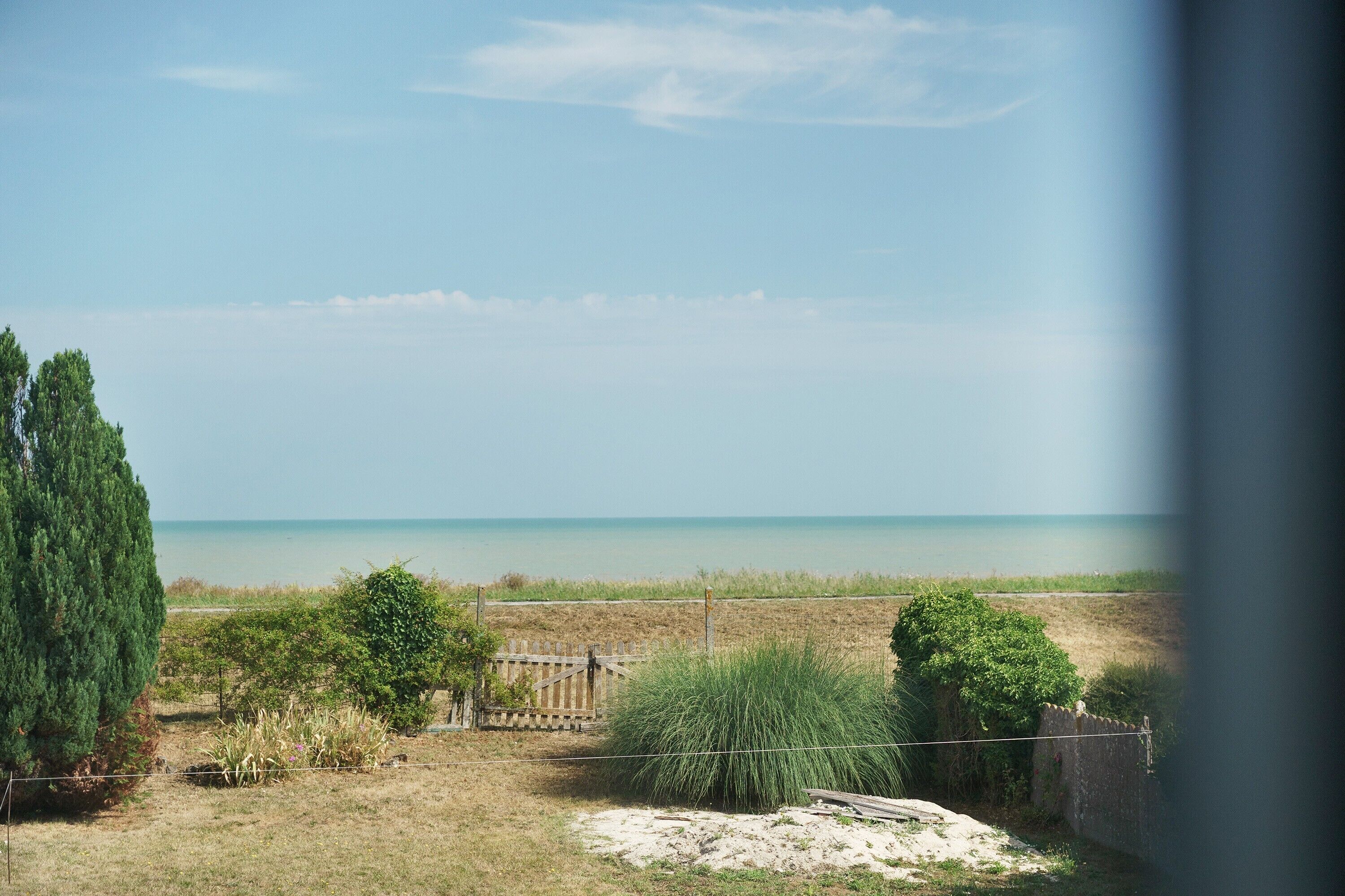 Une vue sur une plage avec une clôture en bois, un grand arbre et un ciel dégagé.