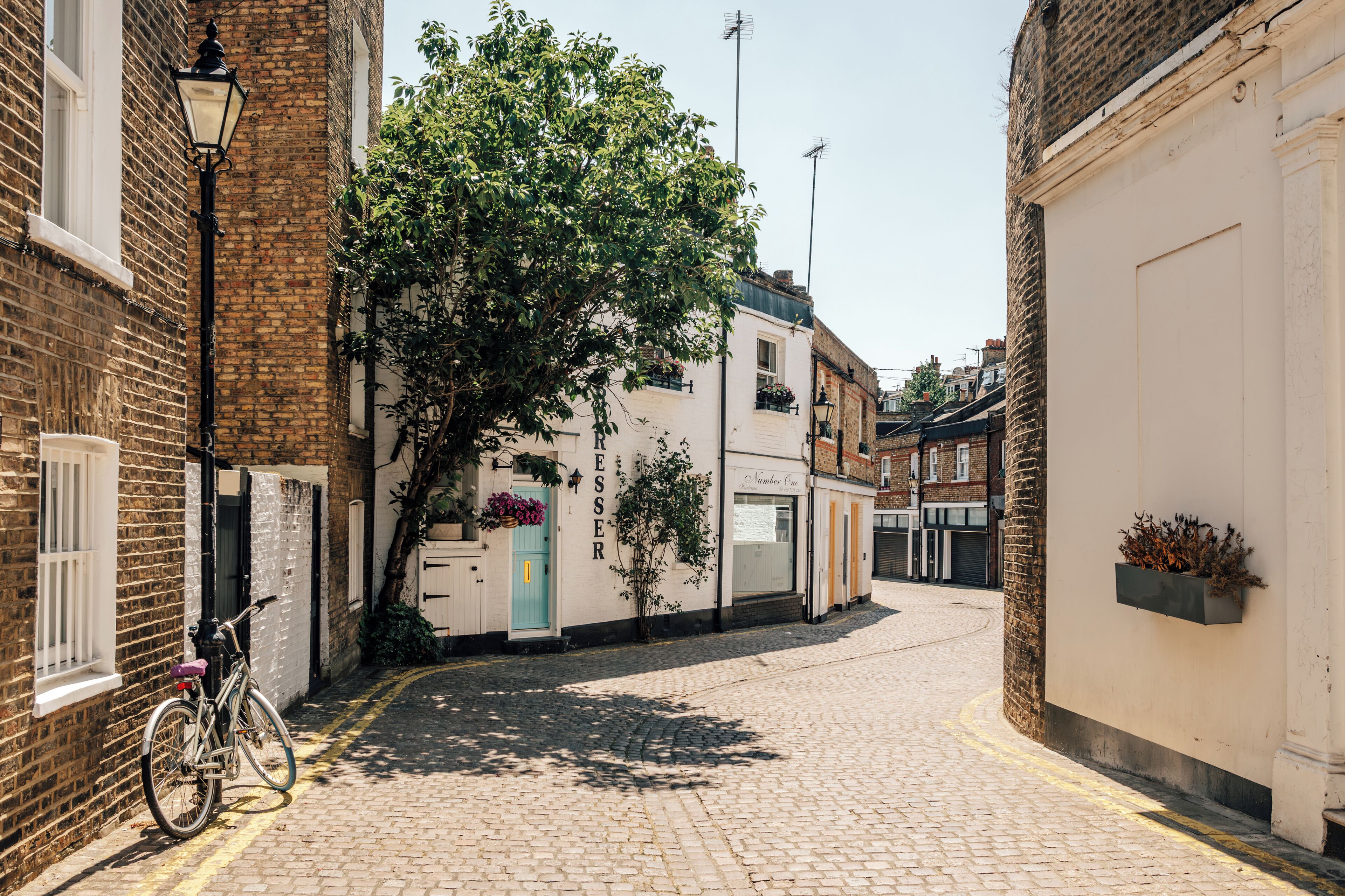 A narrow cobblestone street with a bicycle parked on the left, a tree in the center, and buildings on both sides.