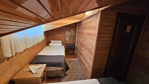 A small cabin with two beds, a wooden ceiling, and a door. - hevas suite (çalmlıhemşin)