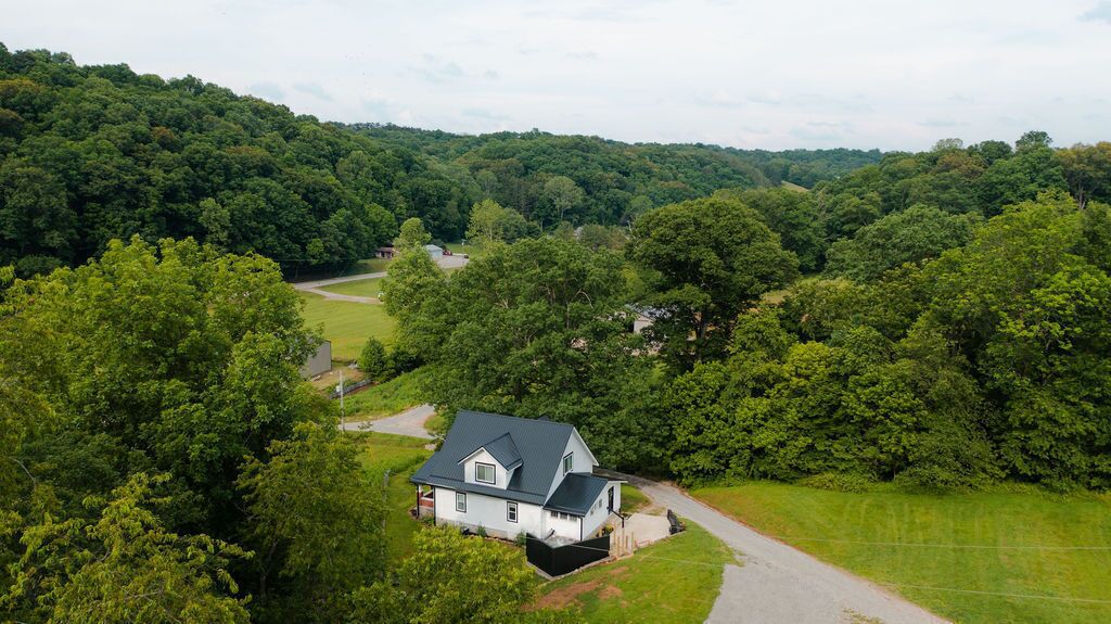 A house surrounded by dense forest with a clear road leading to it.