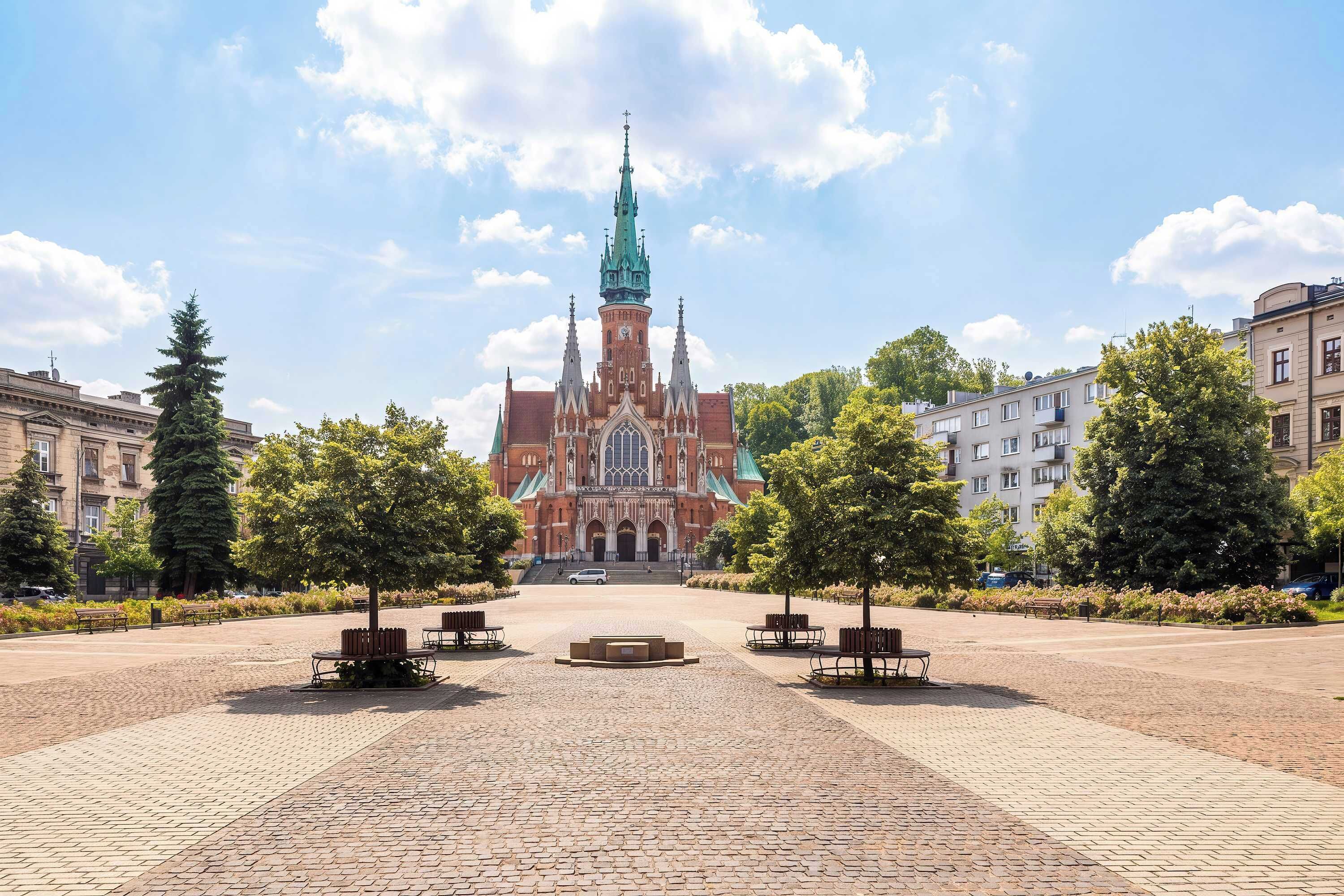 Une vaste place où se dresse une église imposante, entourée d’arbres et de bancs.