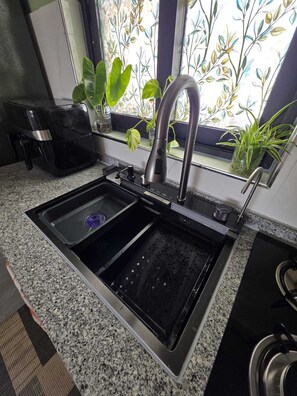 Eine Küche mit Spülbecken aus Edelstahl, einer Kaffeemaschine und Topfpflanzen am Fensterbrett.