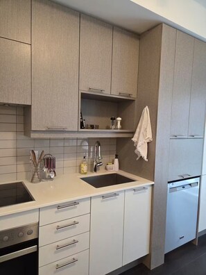 A modern kitchen with a built-in dishwasher, a stove, and a sink. - Cozy 1-bedroom apartment with AC steps to attractions in downtown Toronto (Toronto)