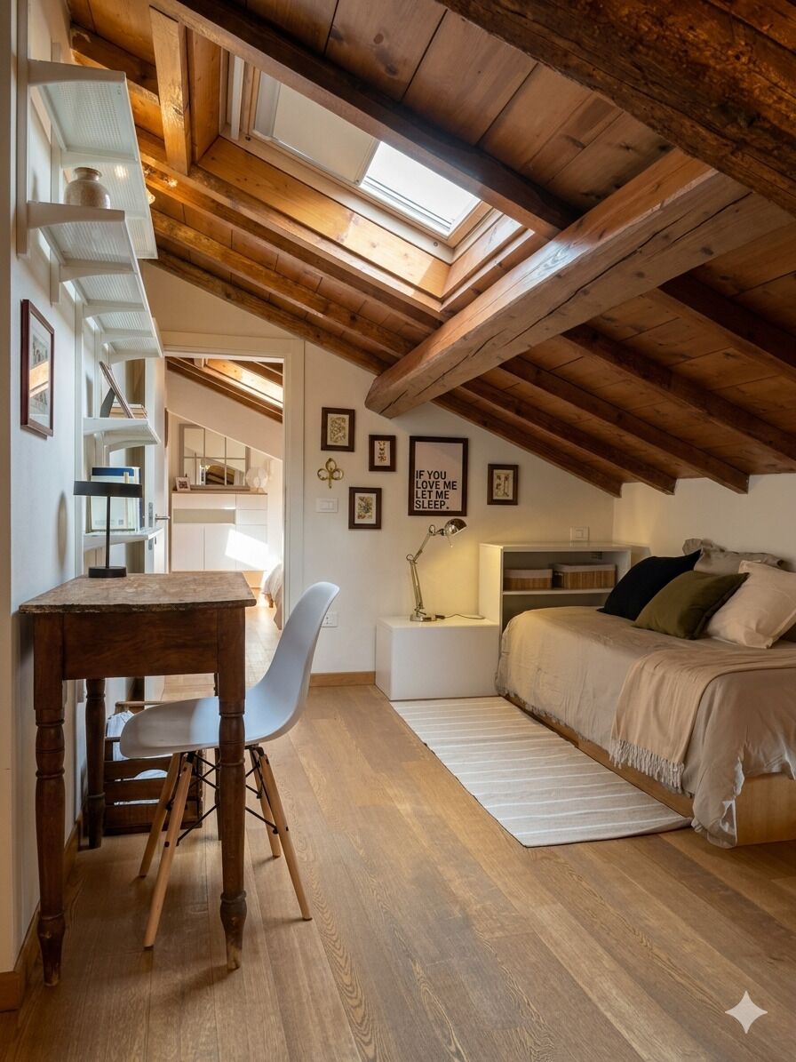 Een gezellig slaapkamer op zolder met schuine wanden, houten balken, een dakraam, een bed, een bureau en een stoel.