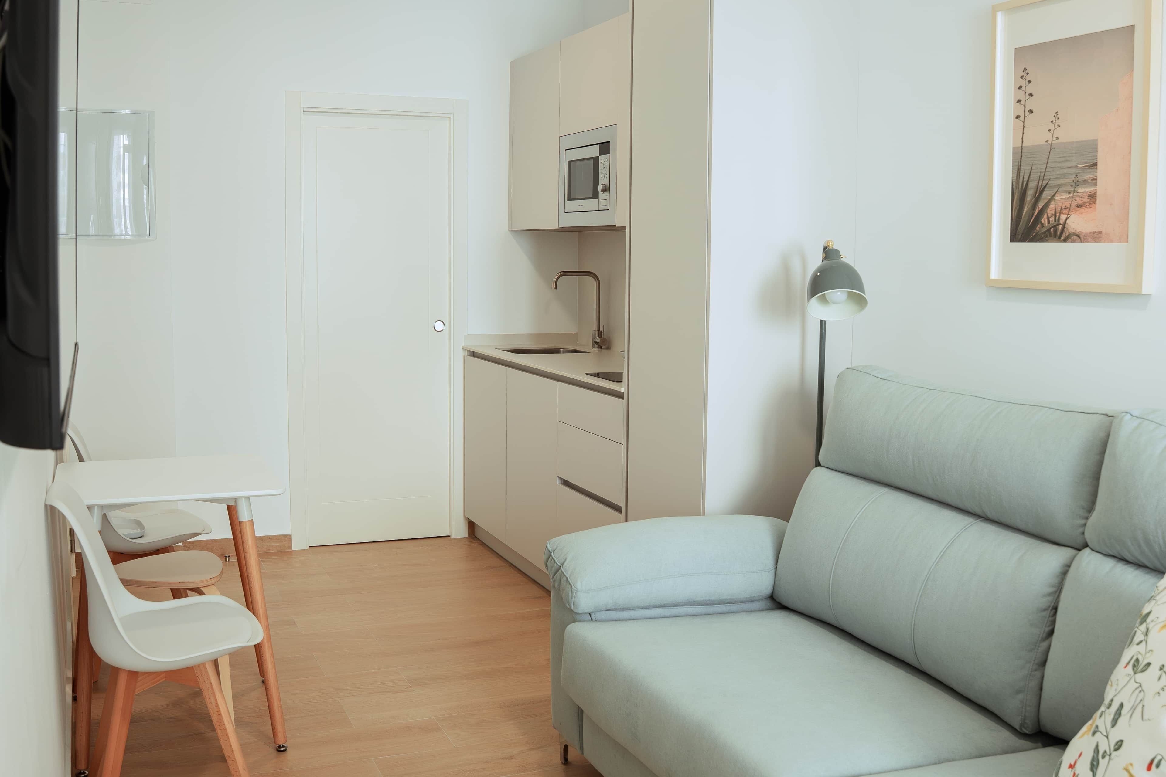 Een compacte kamer met een kitchenette, een bank, een bureau met stoel, en een lijst met een afbeelding aan de muur.