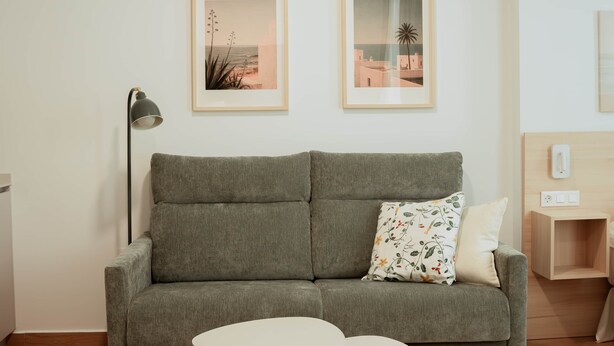 A grey sofa with a floral pillow, a black floor lamp, and two framed pictures on the wall. - Olea Suites Conil · 3 (Conil de la Frontera)