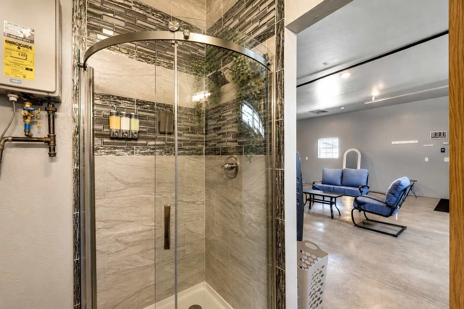 Shower, hair dryer, shampoo