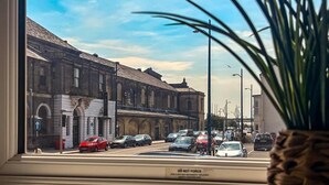 Straatbeeld met gebouwen, auto's en een plant op de voorgrond.