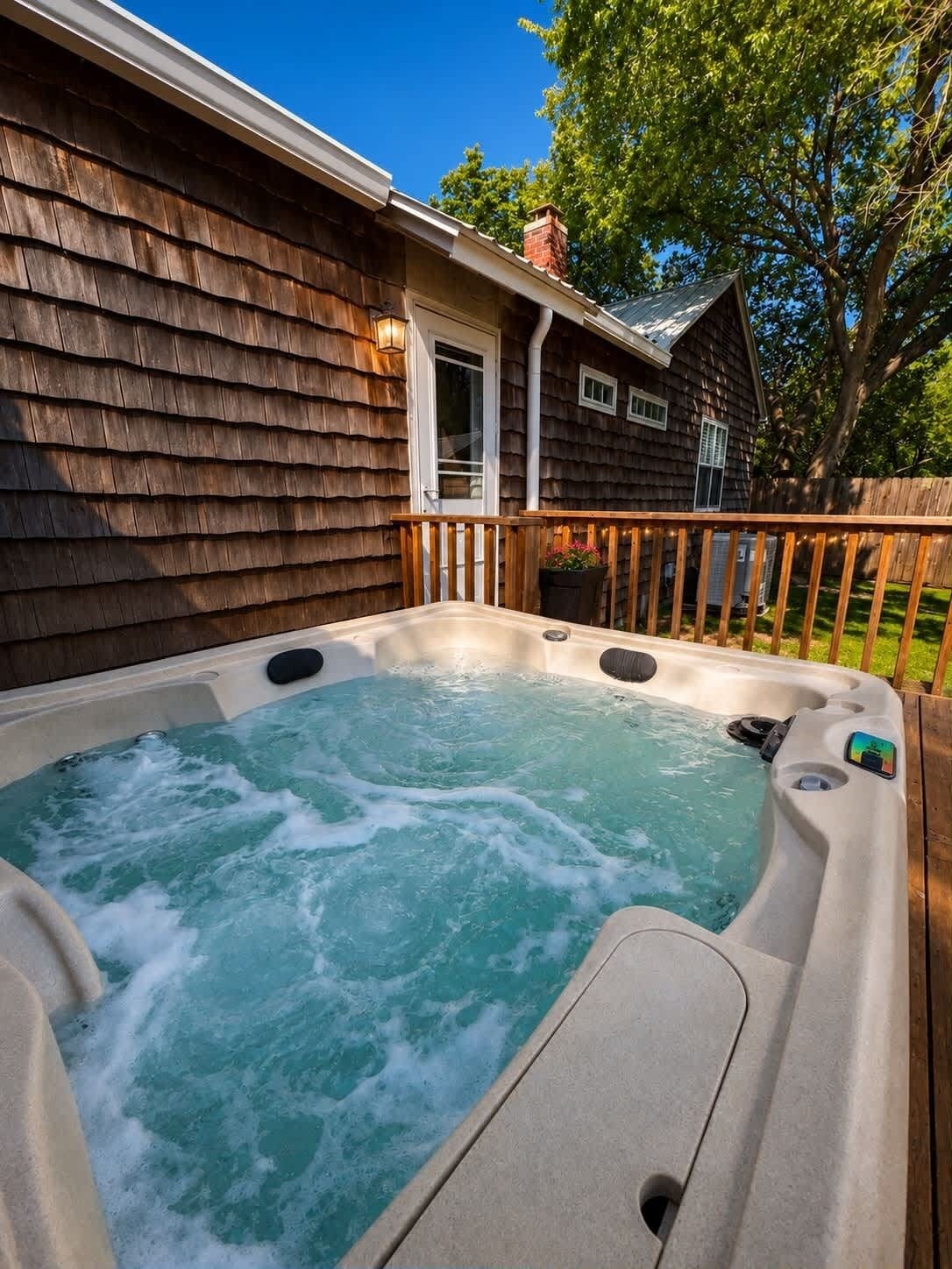 Un jacuzzi en un patio trasero con una terraza de madera y una casa al fondo.