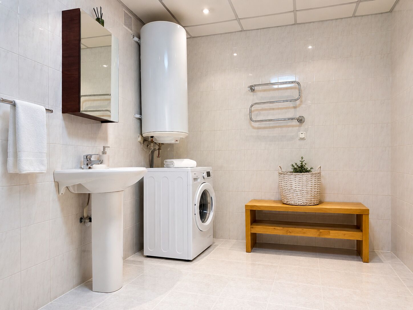 A modern bathroom with a sink, washing machine, and a bench.