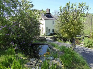 A house with a pond, surrounded by lush greenery and flowering plants. - Hafannedd stunning Mill, with Gardens and River Views (Corwen)