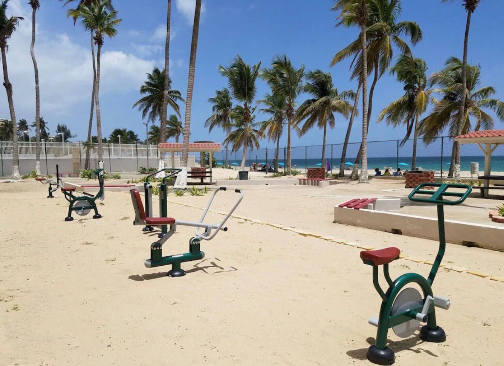 Equipos de ejercicio al aire libre en una playa arenosa con palmeras y cielo despejado.