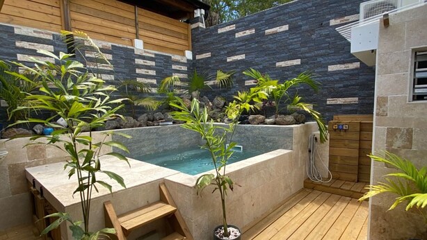 Ein Wellnessbereich mit Whirlpool, Holzterrasse, Kübelpflanzen und einer Steinwand.
