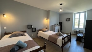Een kamer met twee bedden, een bureau, een stoel en een open haard.