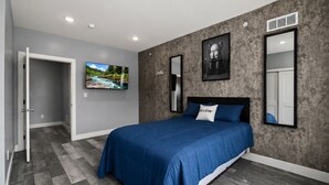 A bedroom with a bed, a TV, a mirror, and a door. - Spacious 2-bedroom apartment in fabulous Philadelphia with AC (Philadelphia)