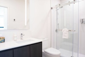 A modern bathroom with a glass shower enclosure, a white sink, and a toilet. - Hot Sauce Hideaway -Revelstoke Vacations (Revelstoke)