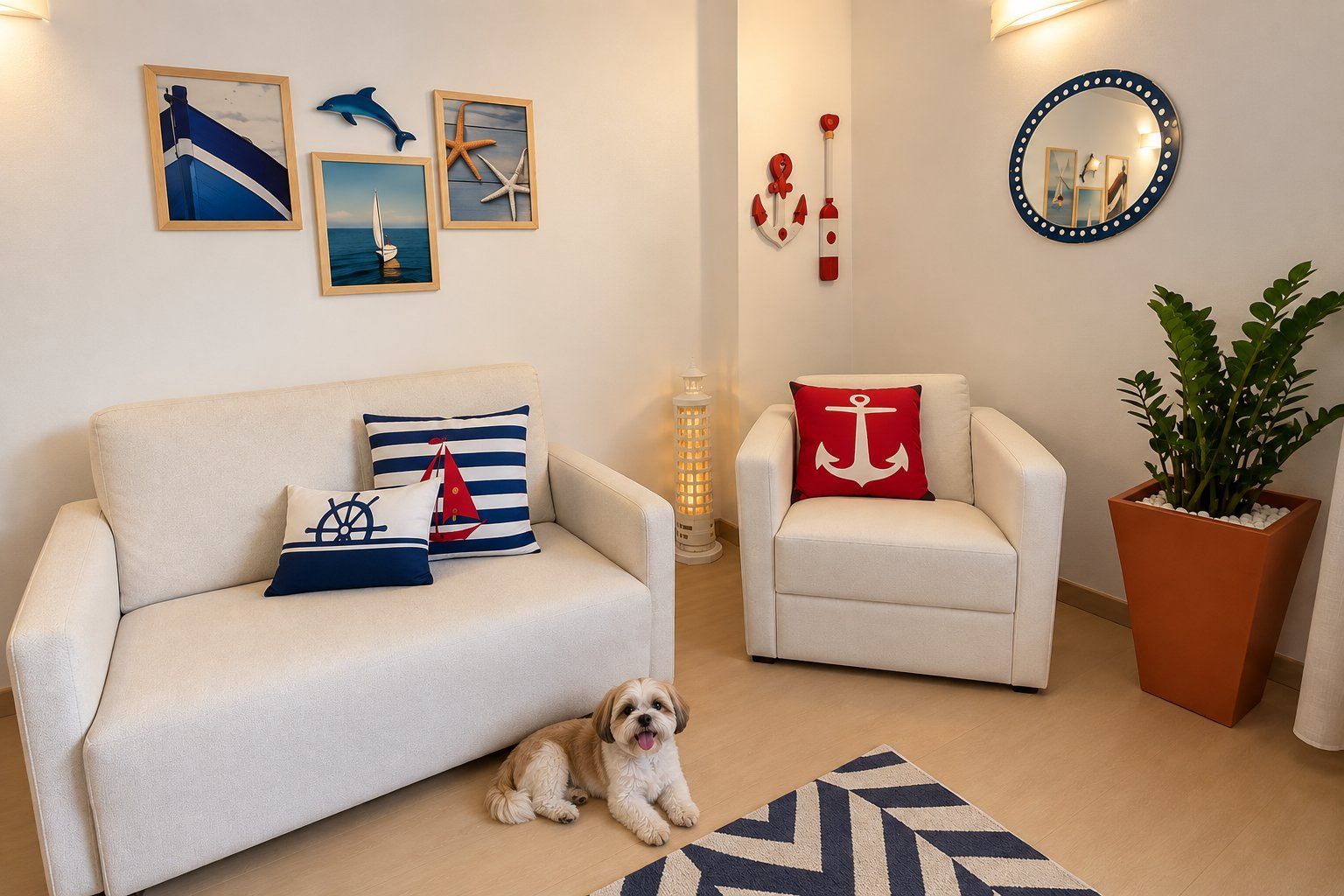 Sala de estar com sofá, poltrona e um cão pequeno. Decorações nas paredes incluem quadros e um espelho.