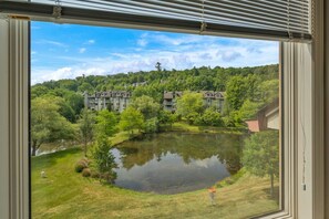 Blick durch ein Fenster auf ein Gebäude mit Teich, Bäumen und Wohnhäusern im Hintergrund.