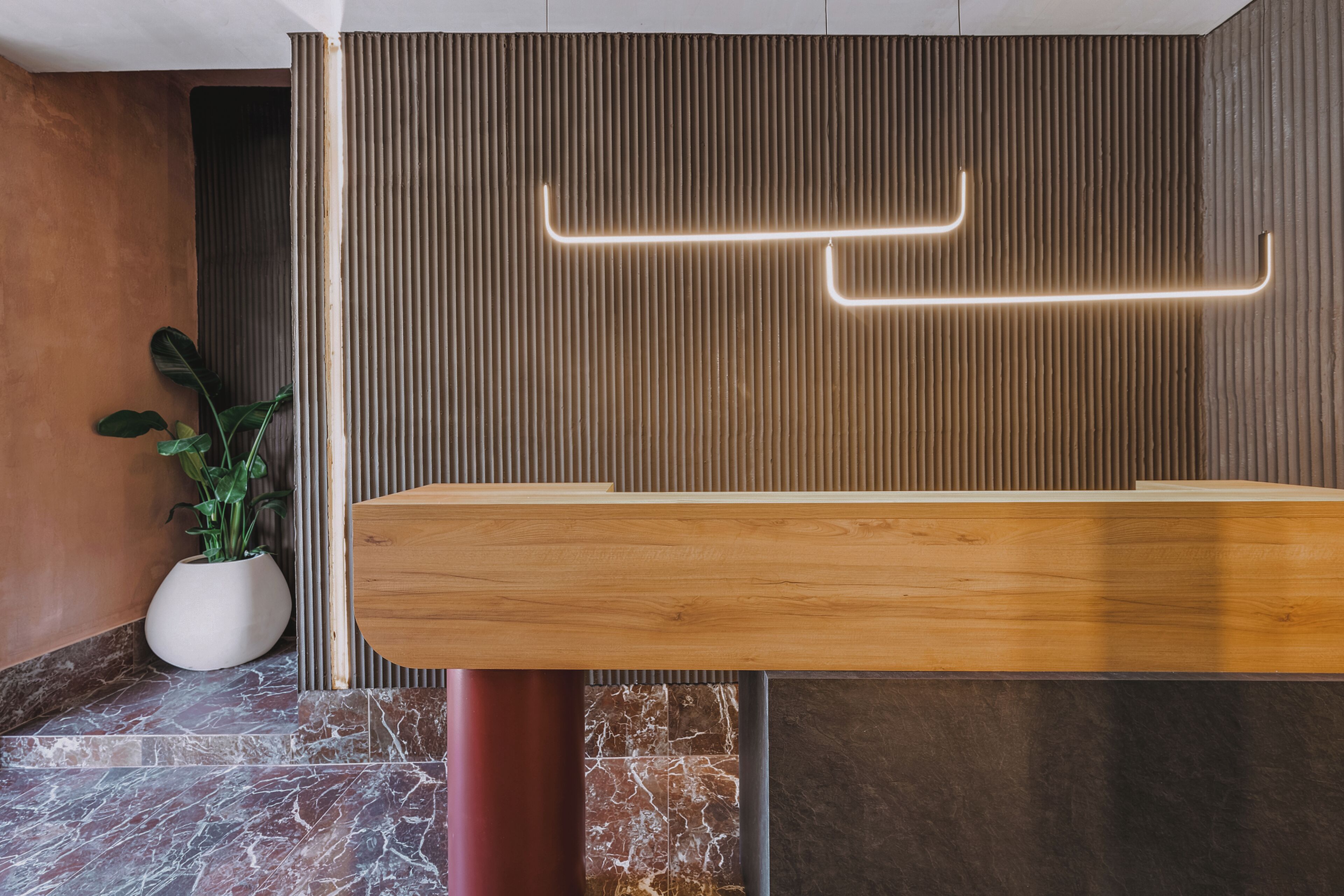 Un mostrador de recepción con detalles de madera, una planta en maceta y una pared con líneas verticales y luz de neón.