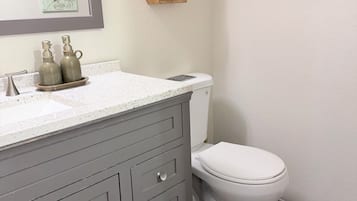 Hair dryer, towels, soap, toilet paper