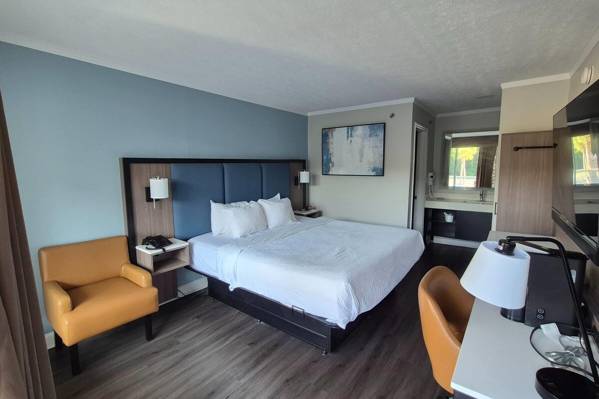 Quarto de hotel com cama, escrivaninha, cadeira, mesa de cabeceira e um quadro na parede.
