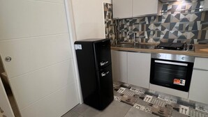 A compact kitchen with a refrigerator, stove, and oven. - IN THE HEART OF CATANIA — THE PETITE SUITE SAN GIULIANO (Catania)