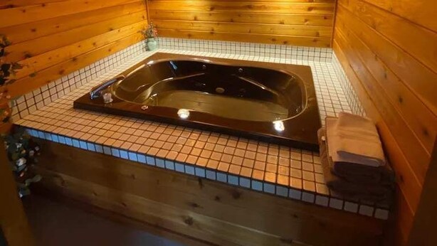 Interior de uma cabana de madeira com hidromassagem, piso ladrilhado e uma pequena planta.