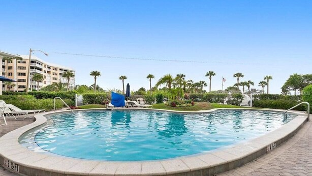 A swimming pool with a curved edge, surrounded by lounge chairs and palm trees. - The Tropical Garden Paradise🌴 on St. Pete Beach🌞⛱️🌊Friendly Native #802 (St. Pete Beach)