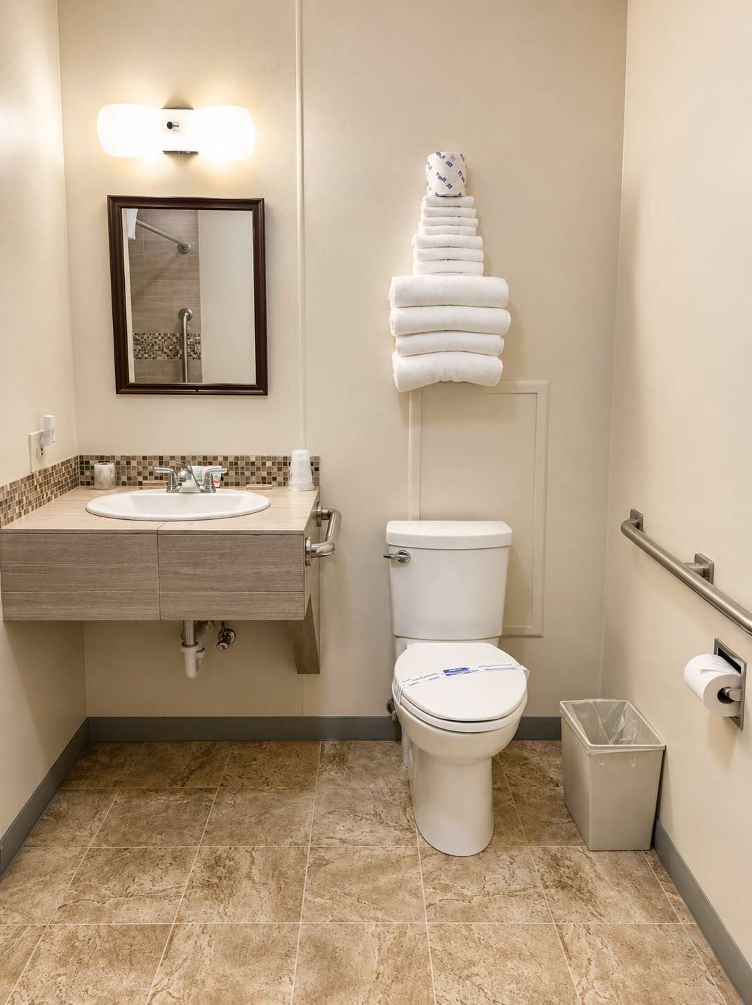 A bathroom with a sink, mirror, toilet, and stacked towels.