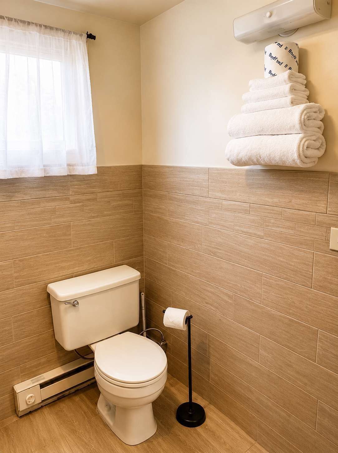 A modern bathroom with a toilet, a towel rack with folded towels, a toilet paper holder, and a heater under the sink.