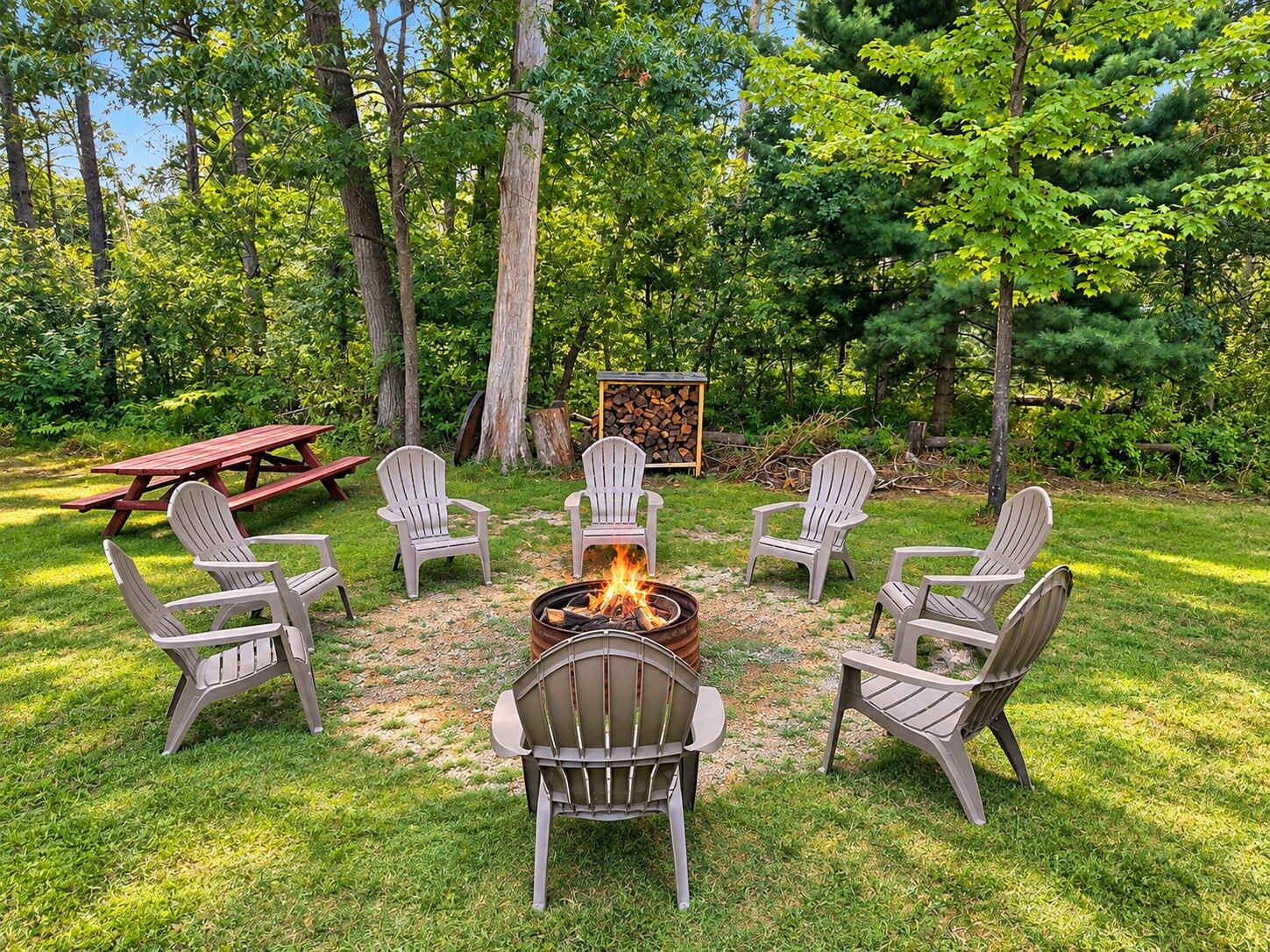 An outdoor seating area with Adirondack chairs arranged around a fire pit, a picnic table, and a stack of firewood in a wooded setting.